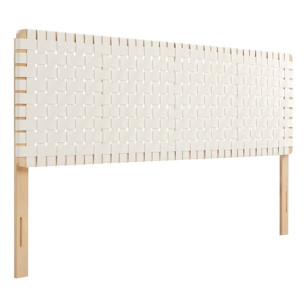 Sparta Weave vegan leather headboard in cream white with natural wood frame on Tampa Home & Garden Store