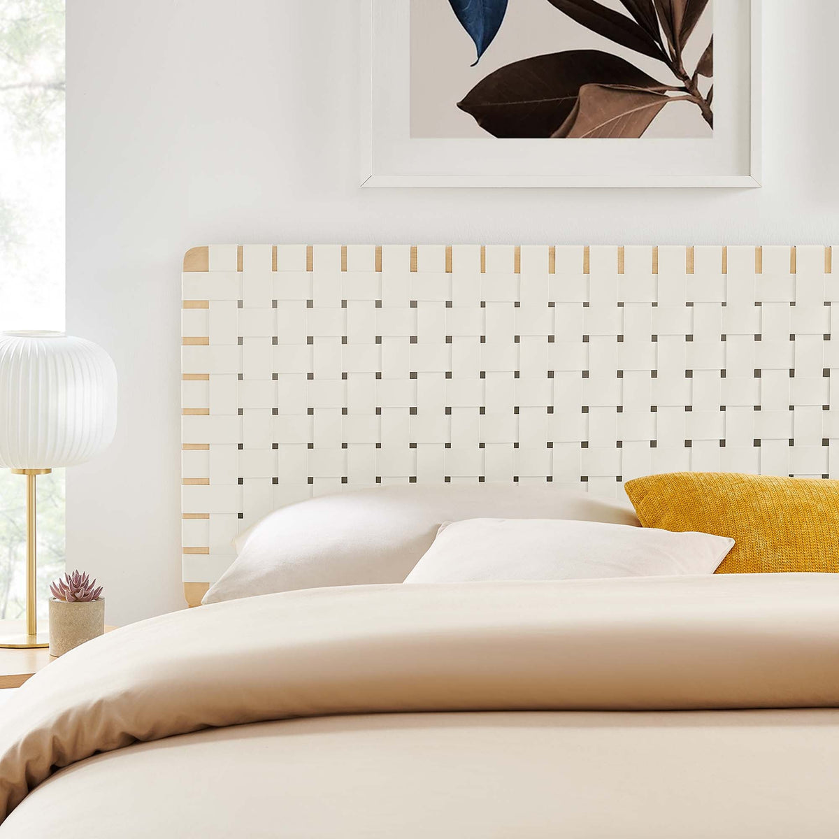 Sparta Weave vegan leather headboard white woven panel design with light wood accents on Tampa Home & Garden Store