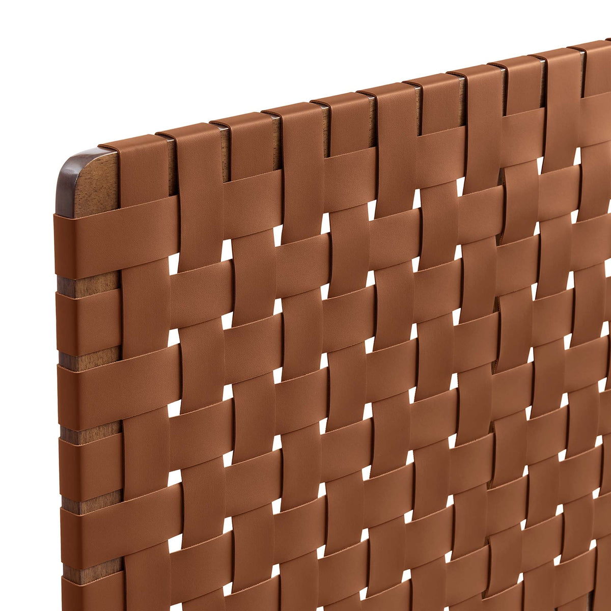 Sparta Weave vegan leather headboard in brown with woven straps over a wood frame on Tampa Home & Garden Store