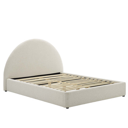 Resort upholstered fabric arched round platform bed in beige with wood slat base on Tampa Home & Garden Store
