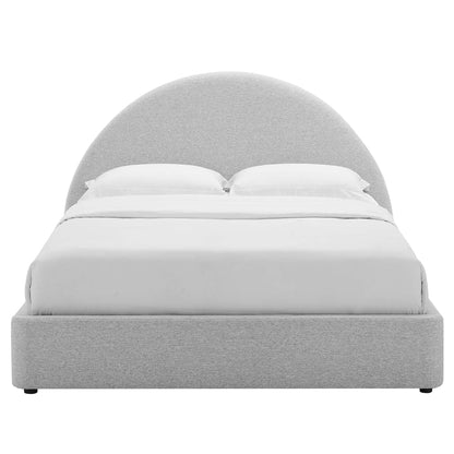 Resort upholstered fabric arched round platform bed in gray with white bedding on Tampa Home & Garden Store