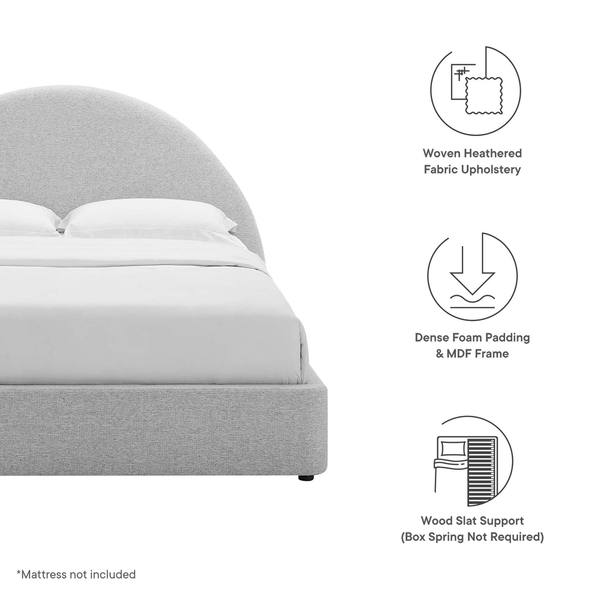 Resort upholstered arched round platform bed in heathered gray fabric; dense foam padding & MDF frame on Tampa Home & Garden Store