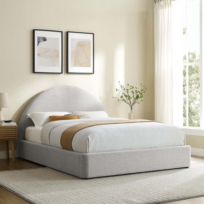 Resort upholstered fabric arched round platform bed in light gray with bed skirt on Tampa Home & Garden Store