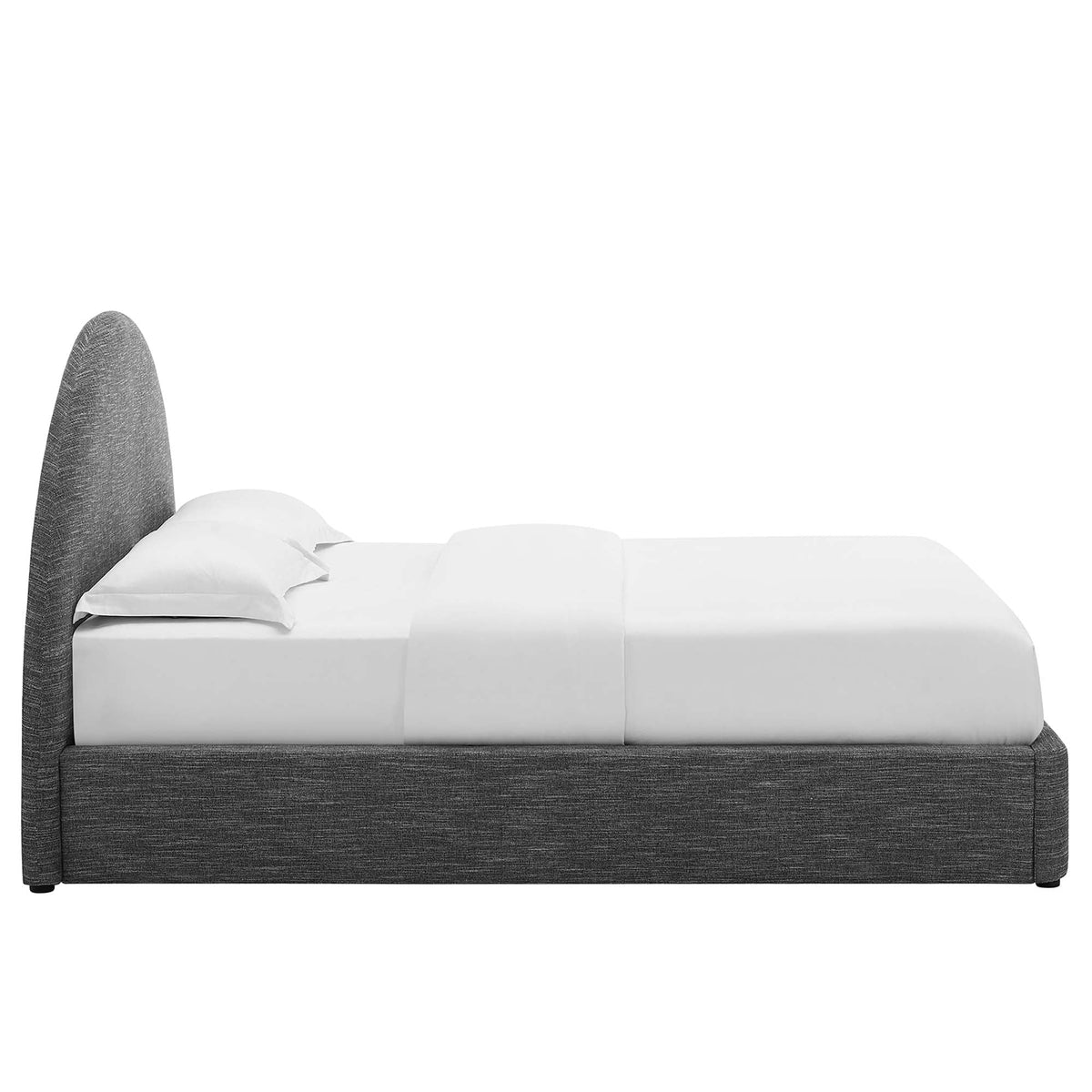 Resort upholstered fabric arched round platform bed with dark gray fabric and white bedding on Tampa Home & Garden Store