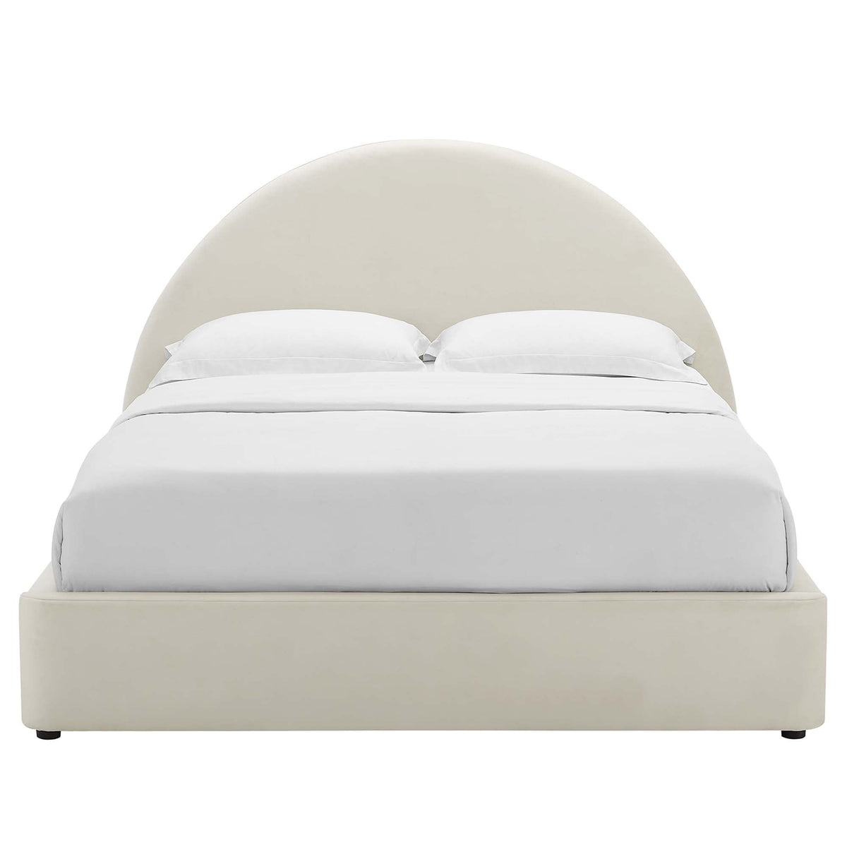 Resort Performance Velvet arched round queen platform bed beige velvet with bed skirt on Tampa Home & Garden Store