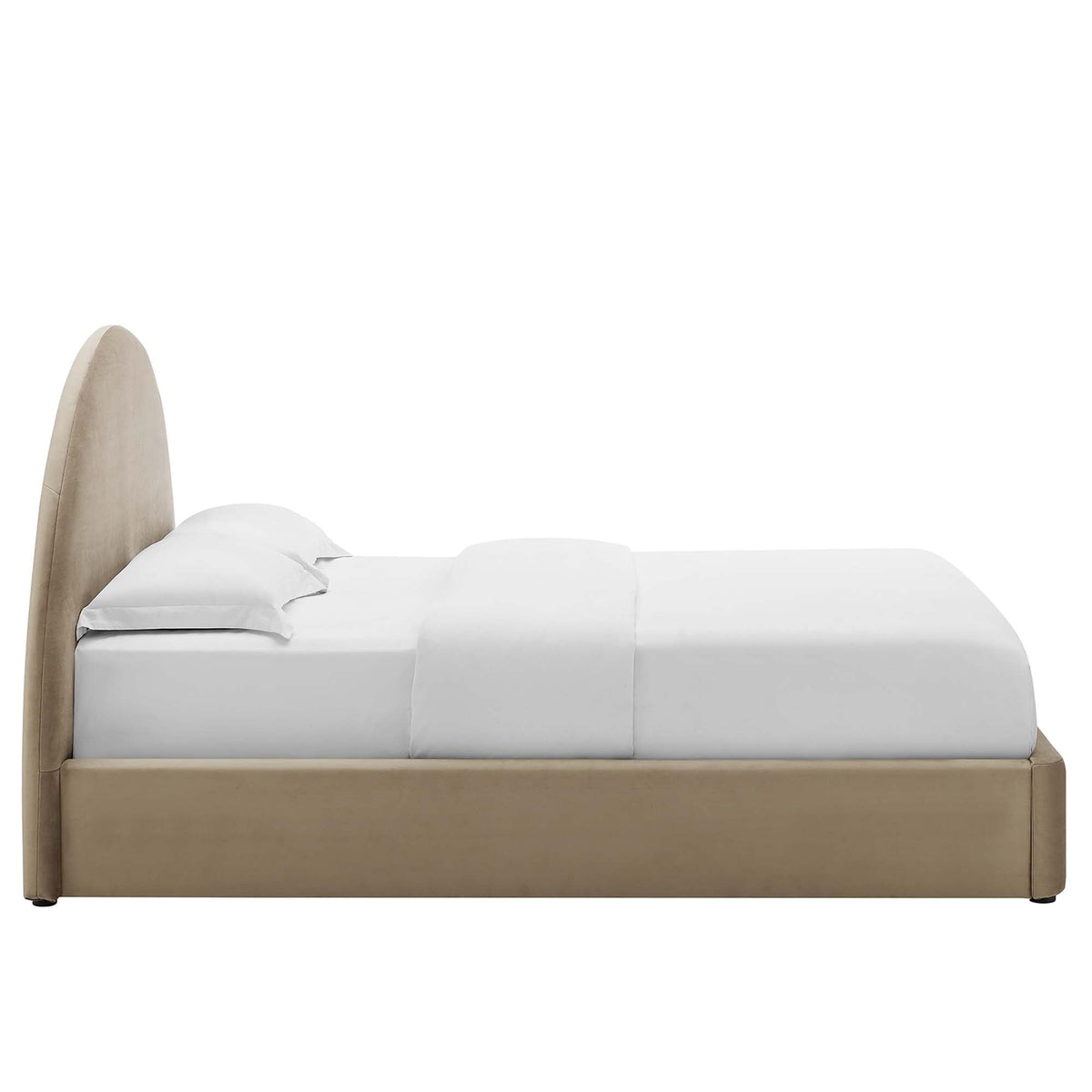 Resort Performance Velvet arched round queen platform bed in tan with white bedding on Tampa Home & Garden Store