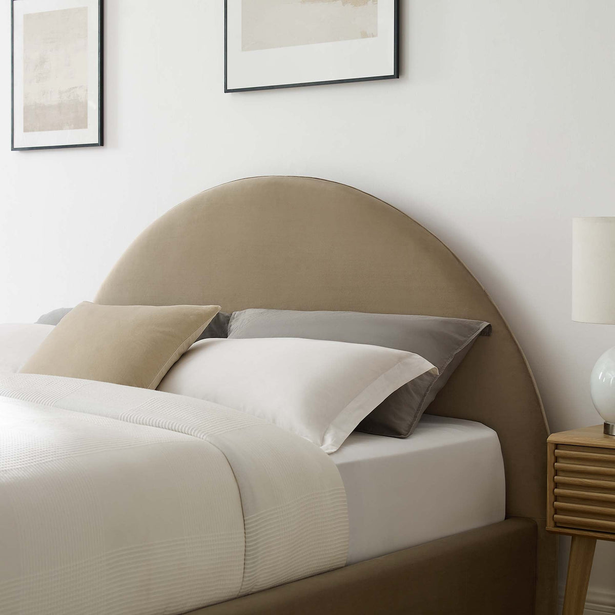 Resort Performance Velvet Arched Round Queen Platform Bed with beige velvet headboard by Modway on Tampa Home & Garden Store