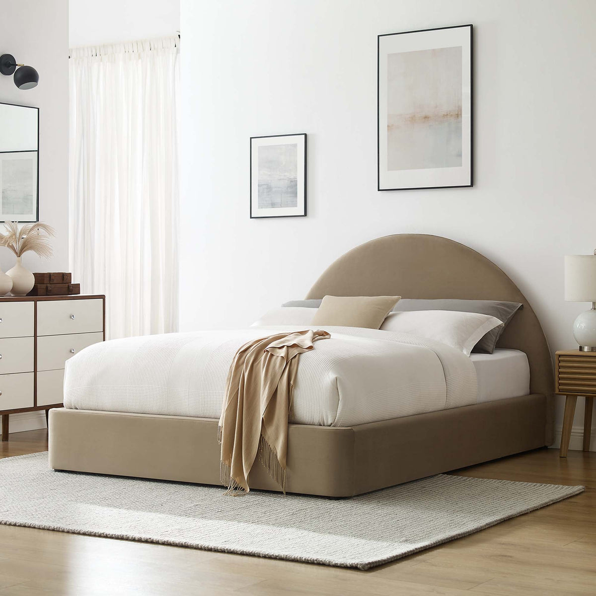 Resort Performance Velvet Arched Round Queen Platform Bed with beige velvet and bed skirt on Tampa Home & Garden Store