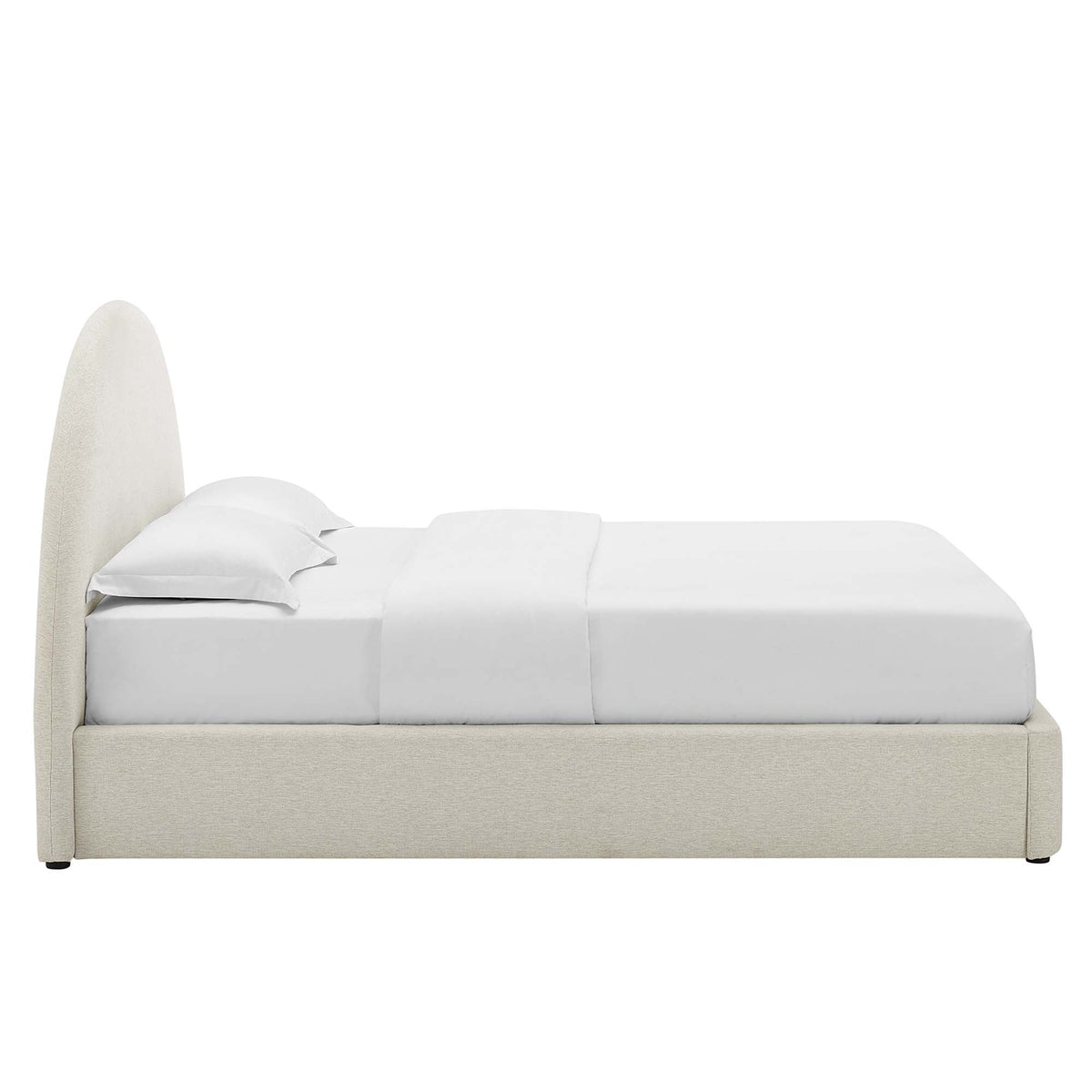 Resort upholstered fabric arched round platform bed in beige with white bedding on Tampa Home & Garden Store