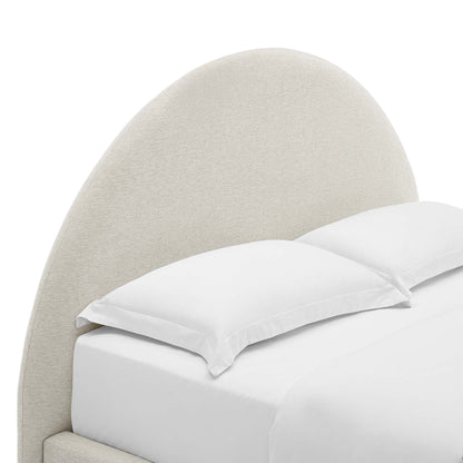 Resort upholstered fabric arched round platform bed with beige headboard and white pillows on Tampa Home & Garden Store