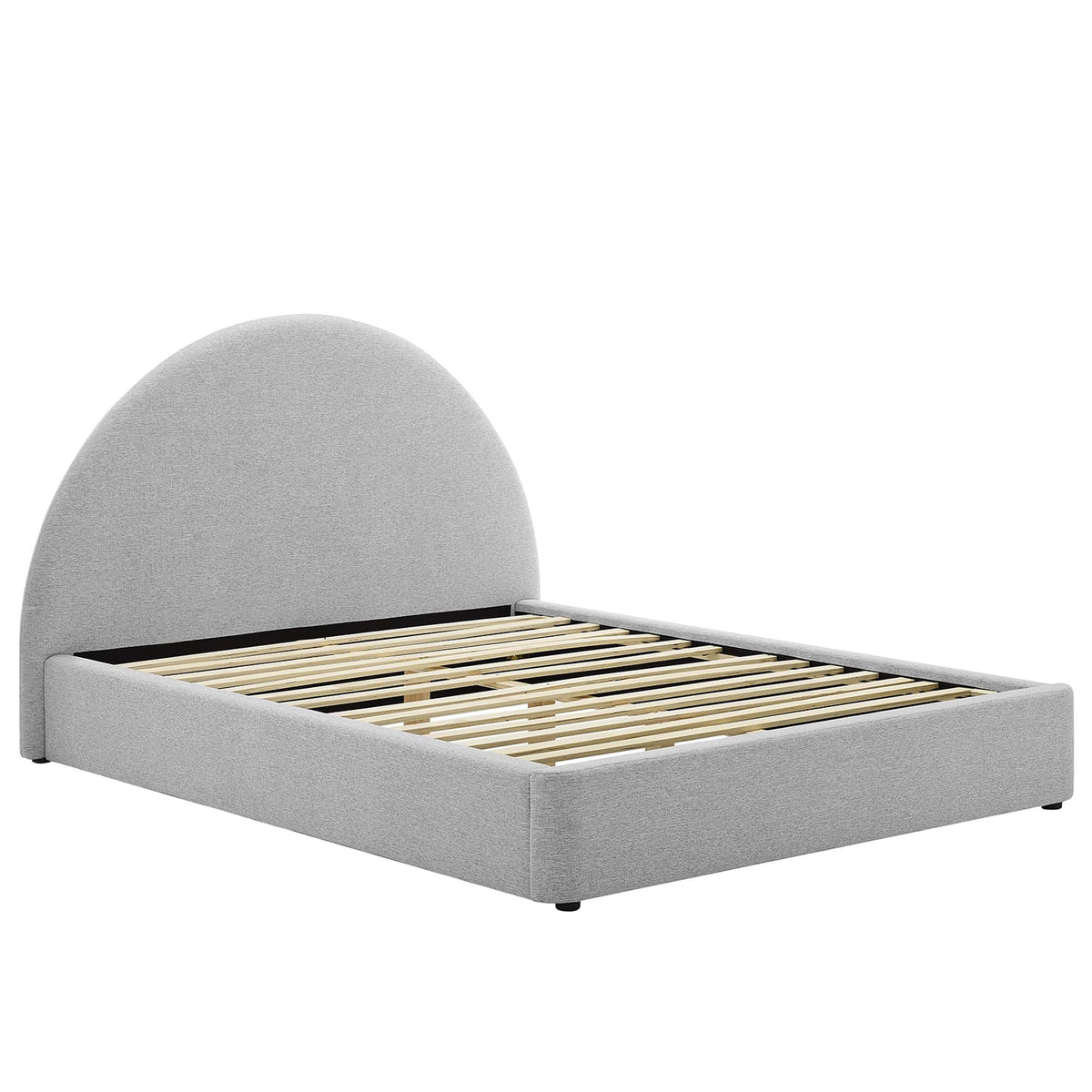 Resort upholstered arched round platform bed in light gray fabric with slatted wood base on Tampa Home & Garden Store