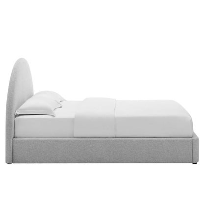 Resort upholstered fabric arched round platform bed in light gray with white bedding on Tampa Home & Garden Store