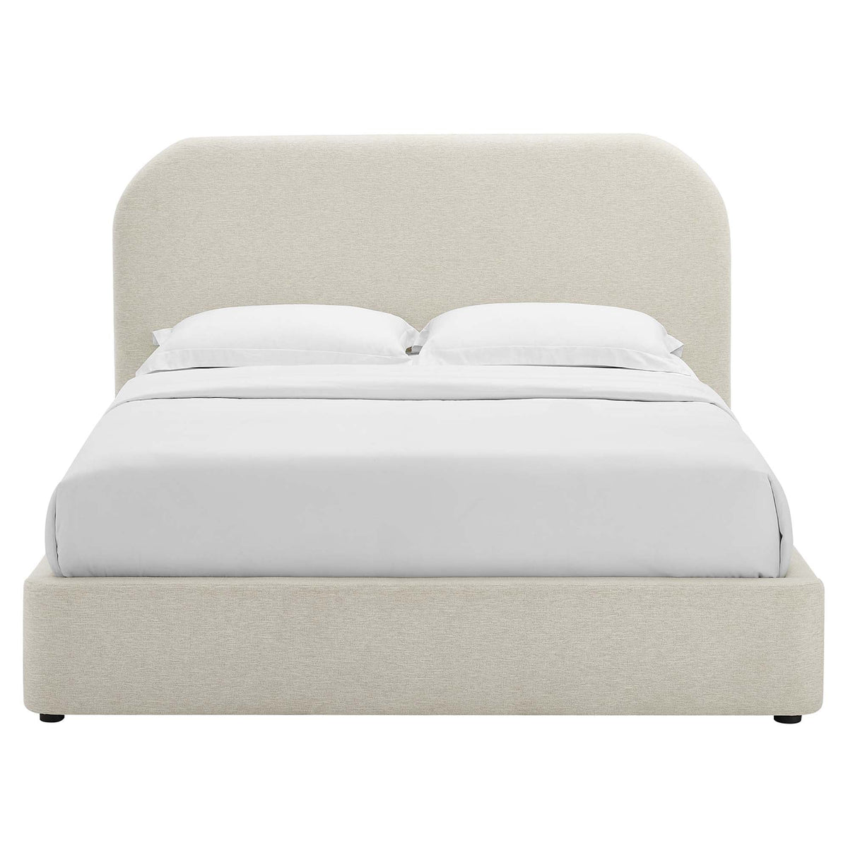 Keynote upholstered curved queen platform bed in beige fabric with white linens on Tampa Home & Garden Store