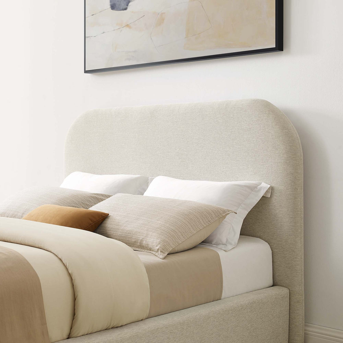Keynote Upholstered Fabric Curved Queen Platform Bed beige linen with white bedding on Tampa Home & Garden Store