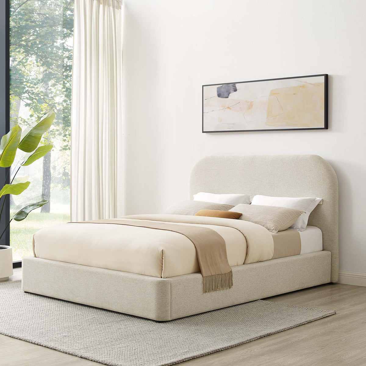 Keynote Upholstered Fabric Curved Queen Platform Bed in beige fabric with rounded headboard on Tampa Home & Garden Store