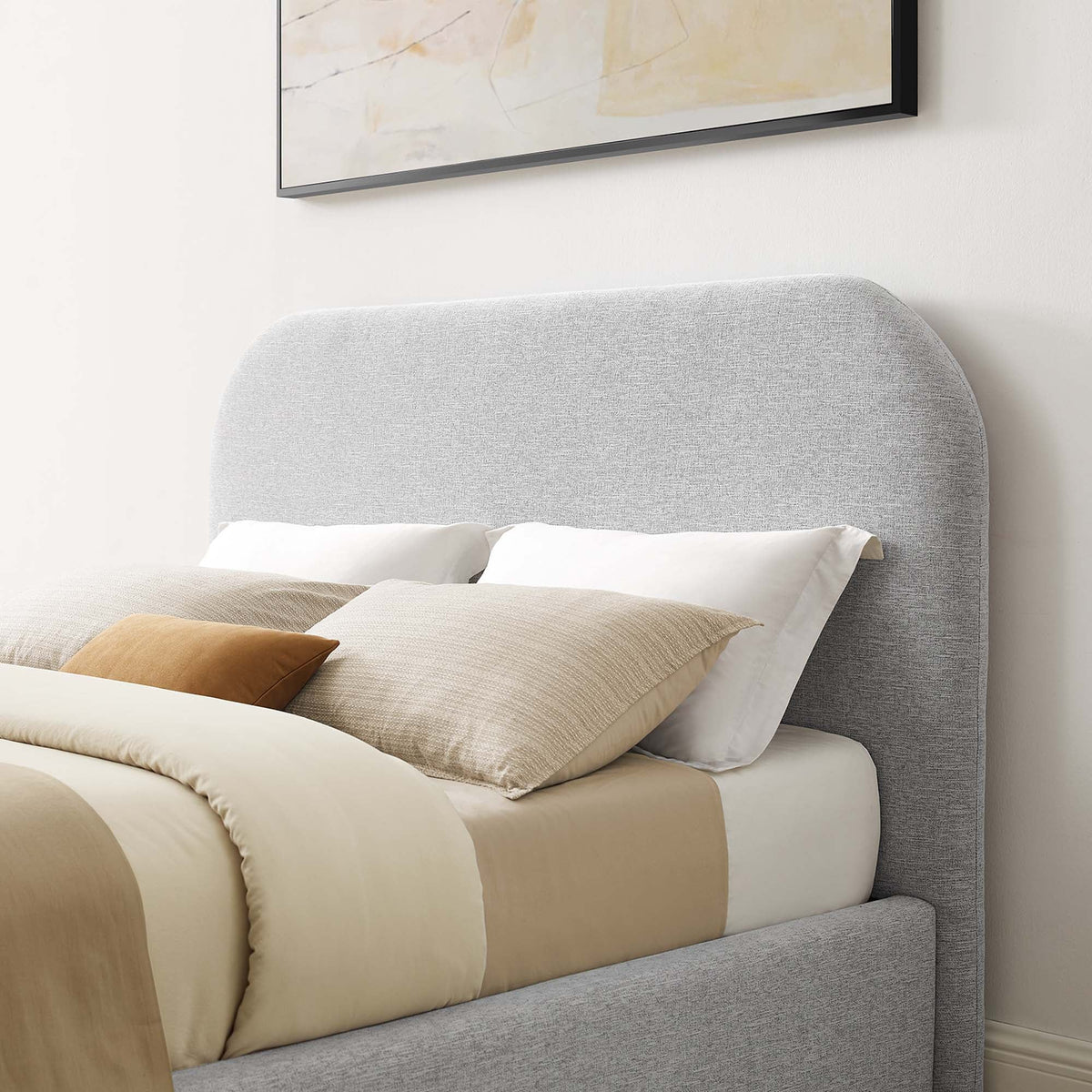 Keynote Upholstered Curved Queen Platform Bed by Modway with headboard and beige bedding on Tampa Home & Garden Store