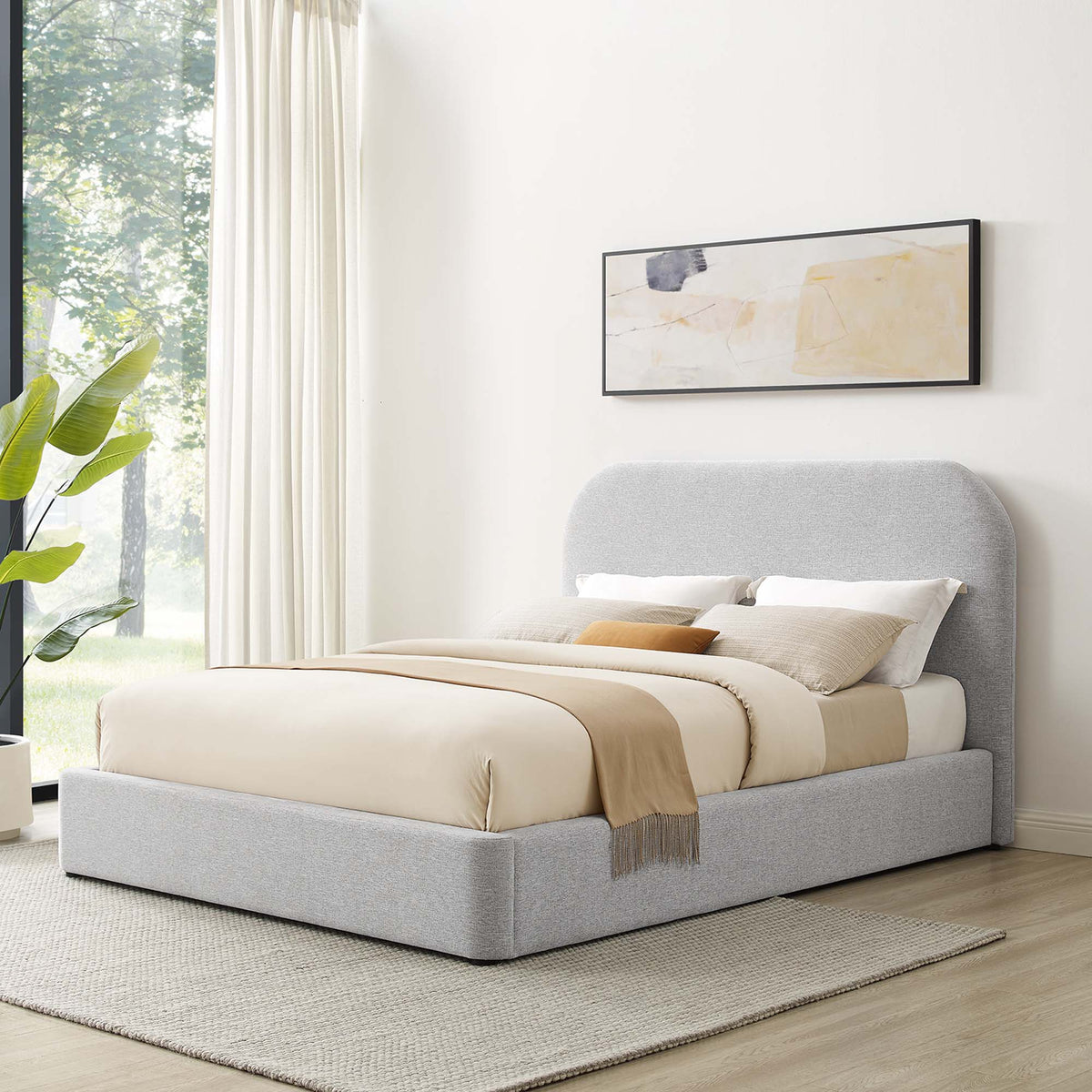 Keynote curved queen bed by Modway in grey upholstered fabric with beige bedding bedskirt on Tampa Home & Garden Store