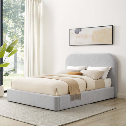 Keynote curved queen bed by Modway in grey upholstered fabric with beige bedding bedskirt on Tampa Home & Garden Store