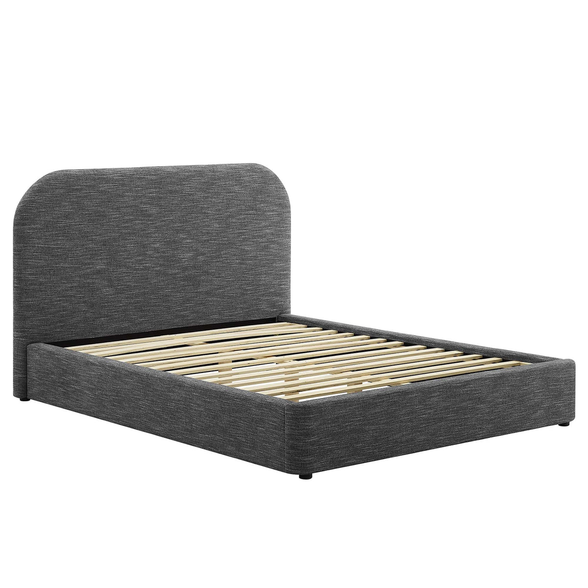 Keynote Upholstered Curved Queen Platform Bed dark gray fabric with wood slat foundation on Tampa Home & Garden Store
