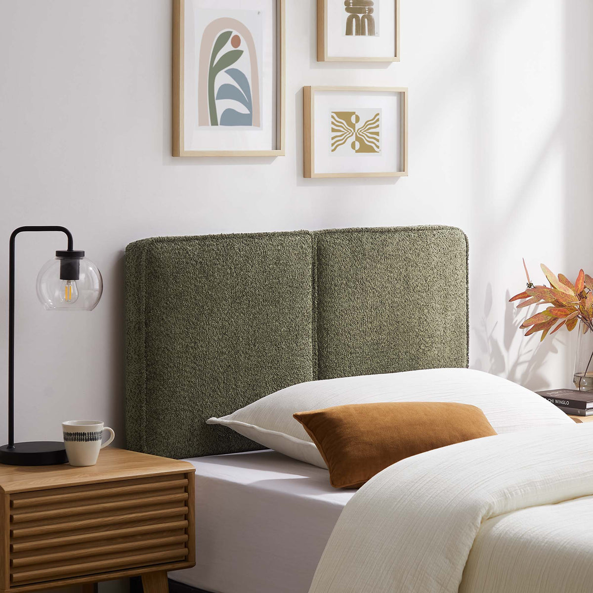 Lindee Boucle Fabric Twin Headboard in dark olive for twin beds on Tampa Home & Garden Store