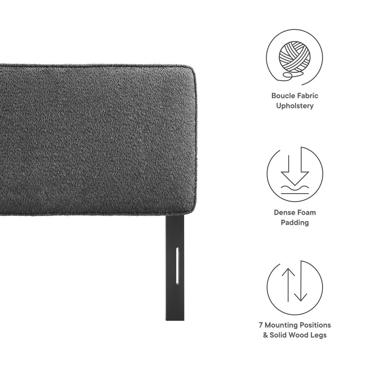 Lindee Boucle Fabric Headboard gray boucle upholstery with foam padding and black metal legs on Tampa Home & Garden Store