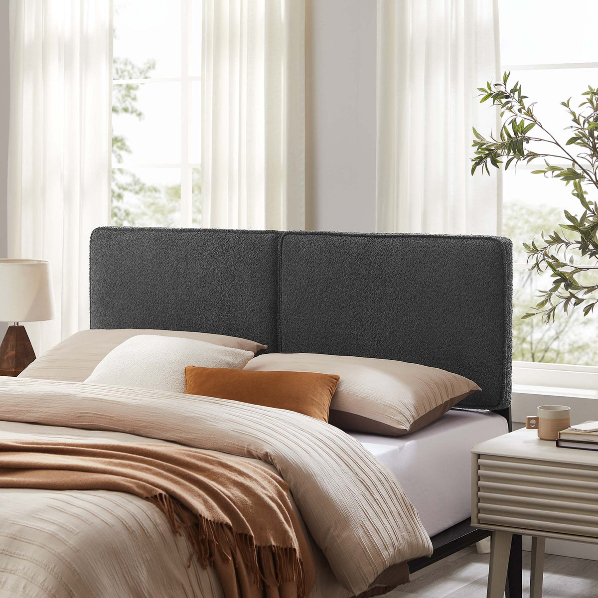 Lindee Boucle Fabric Headboard by Modway, charcoal boucle upholstered, two-panel design on Tampa Home & Garden Store