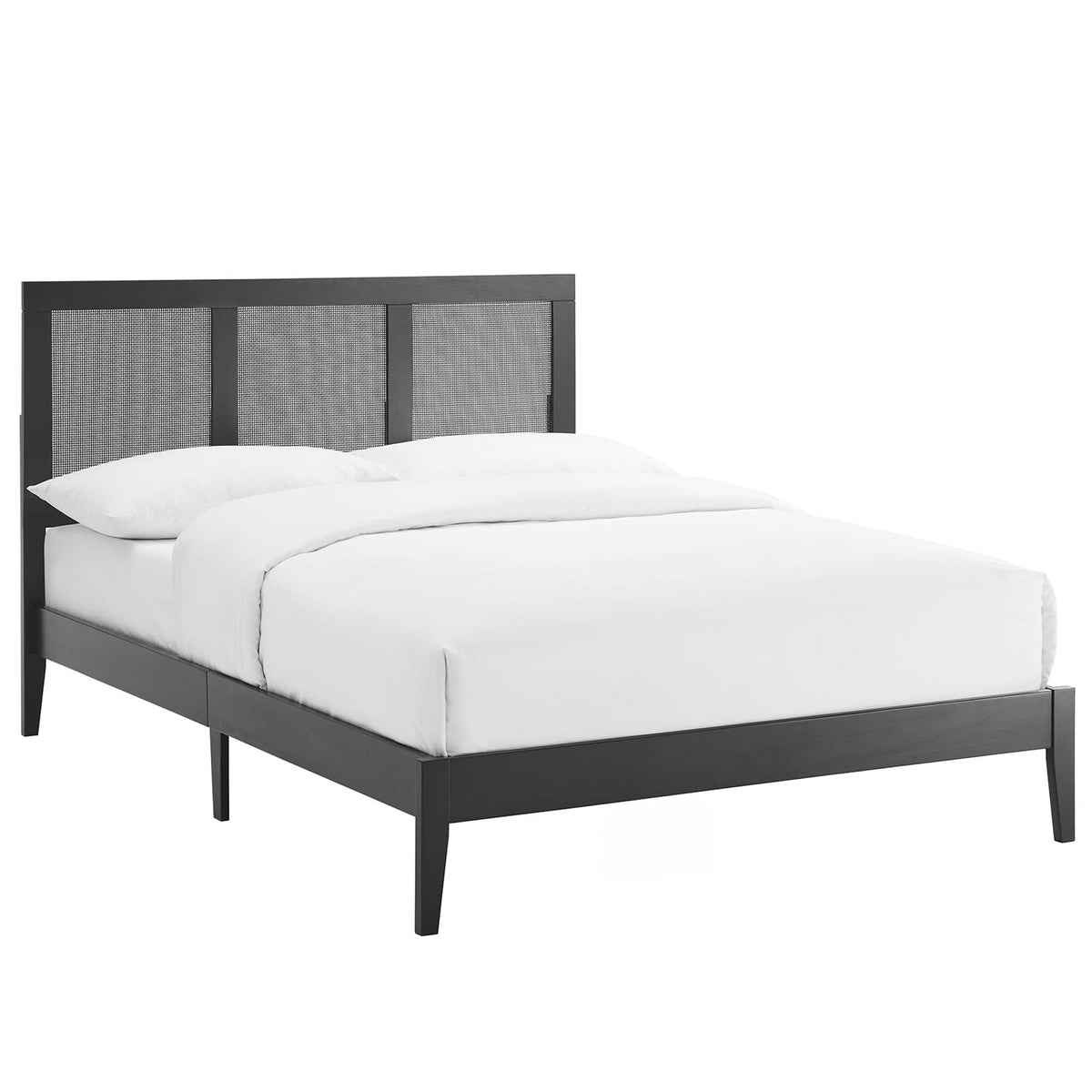 Sirocco rattan and wood platform bed with black frame and woven headboard panels on Tampa Home & Garden Store