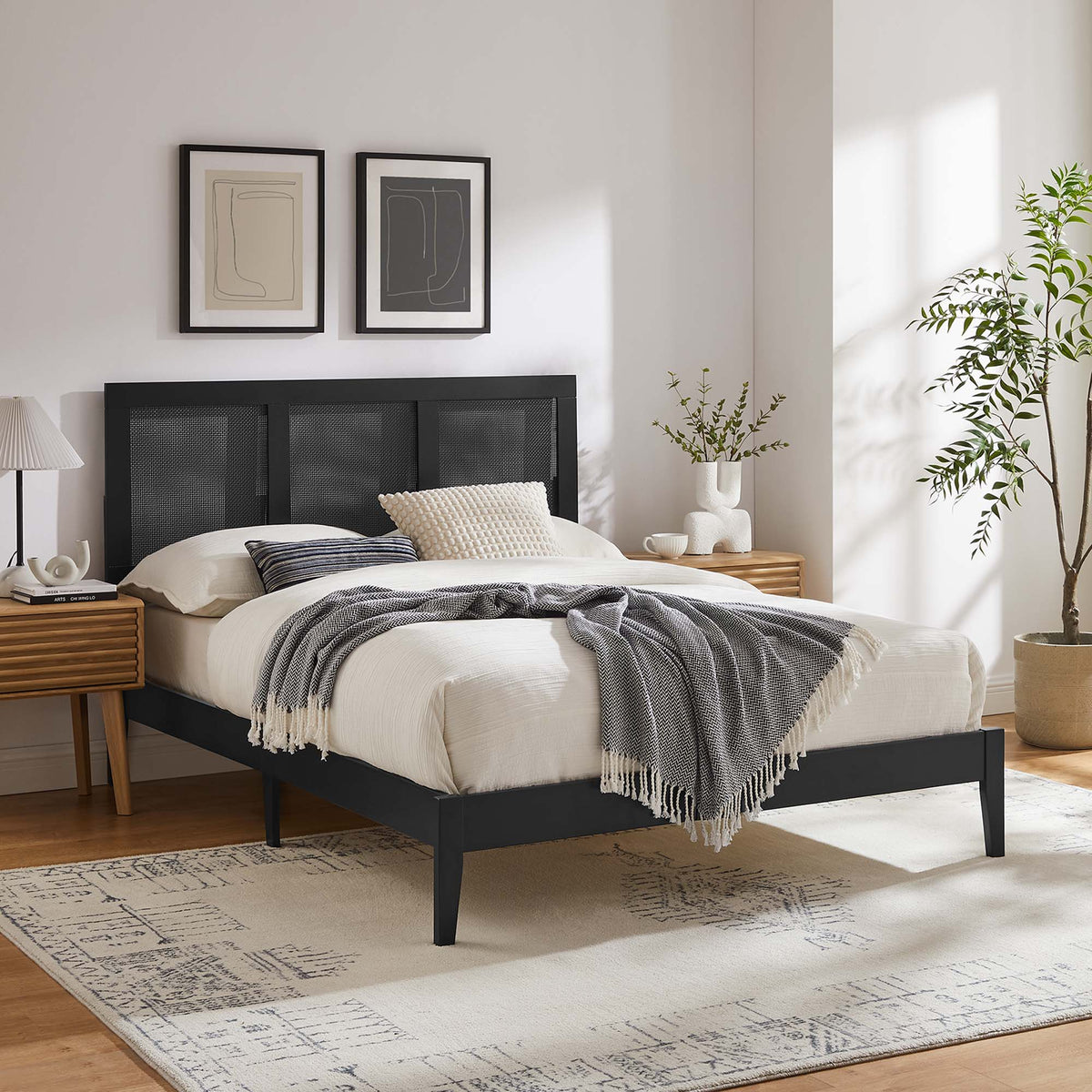 Sirocco Rattan and Wood Platform Bed by Modway with woven headboard in a modern bedroom on Tampa Home & Garden Store