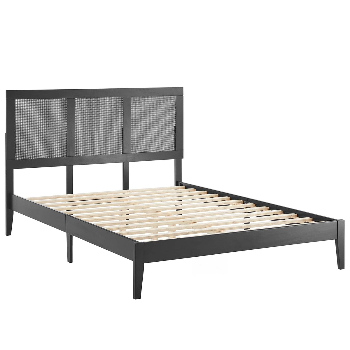 Sirocco rattan and wood platform bed with dark metal frame and rattan headboard on Tampa Home & Garden Store