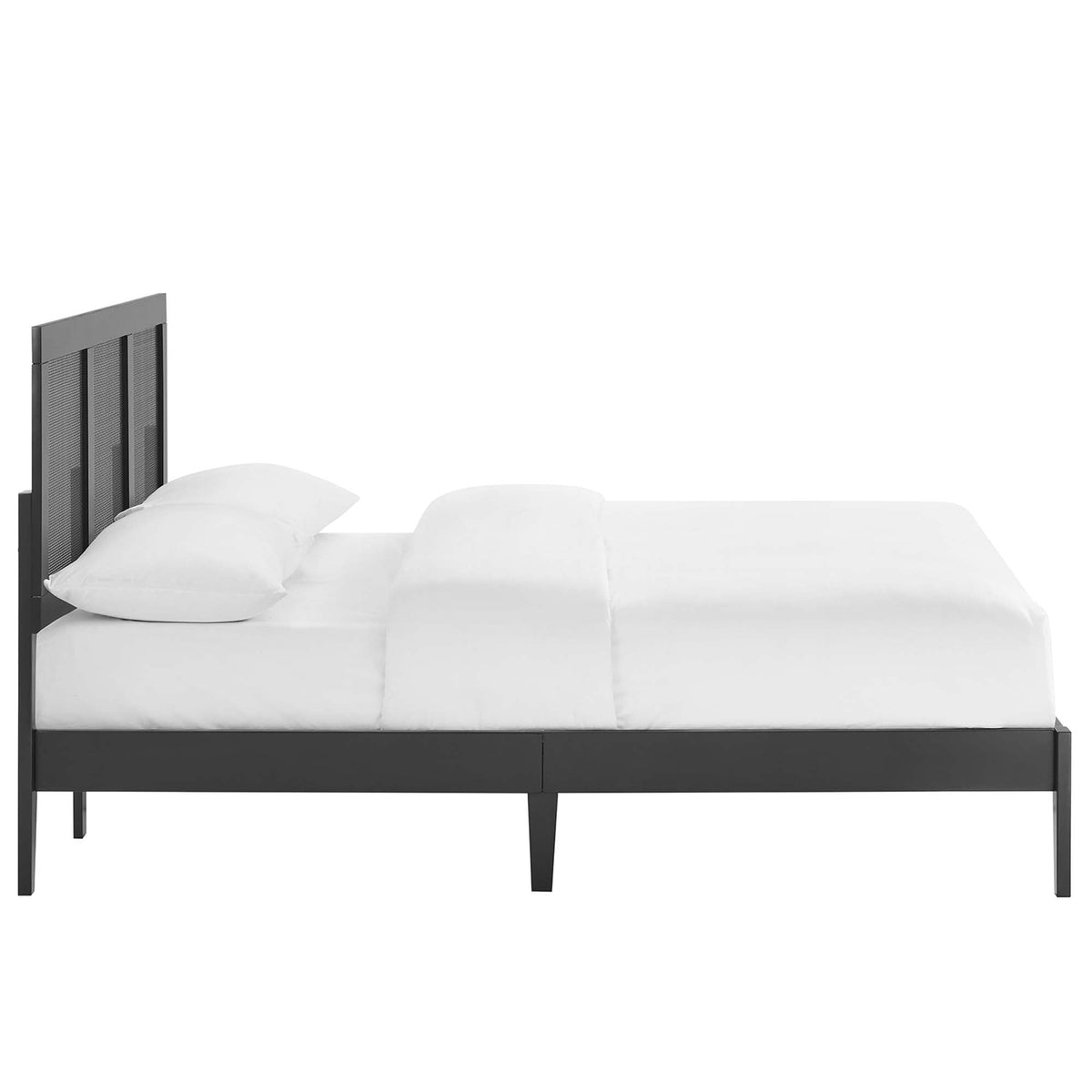 Sirocco platform bed by Modway, black metal frame with tall slatted headboard and white bedding on Tampa Home & Garden Store