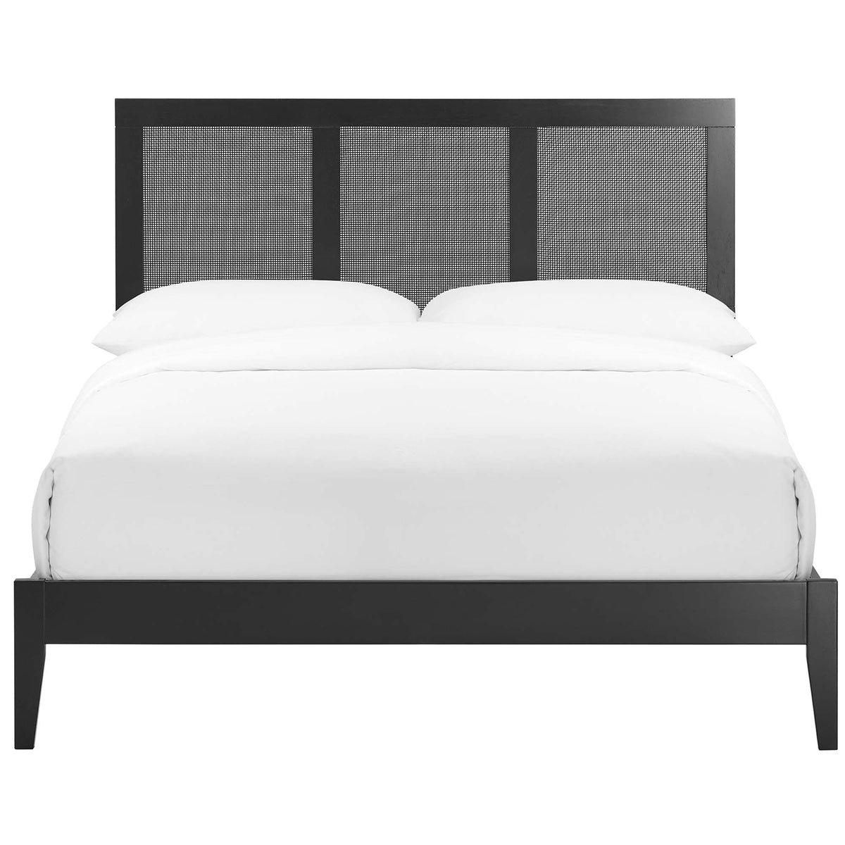 Sirocco platform bed in black with three woven rattan headboard panels and white bedding on Tampa Home & Garden Store