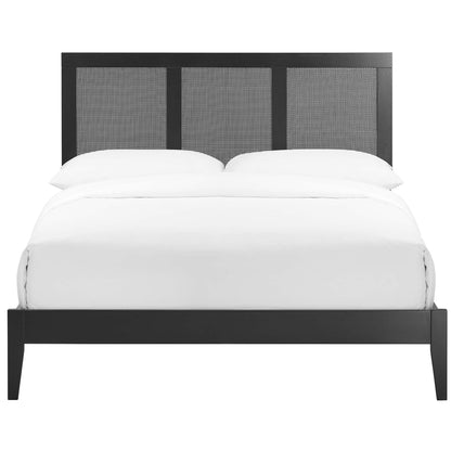Sirocco platform bed in black with three woven rattan headboard panels and white bedding on Tampa Home & Garden Store