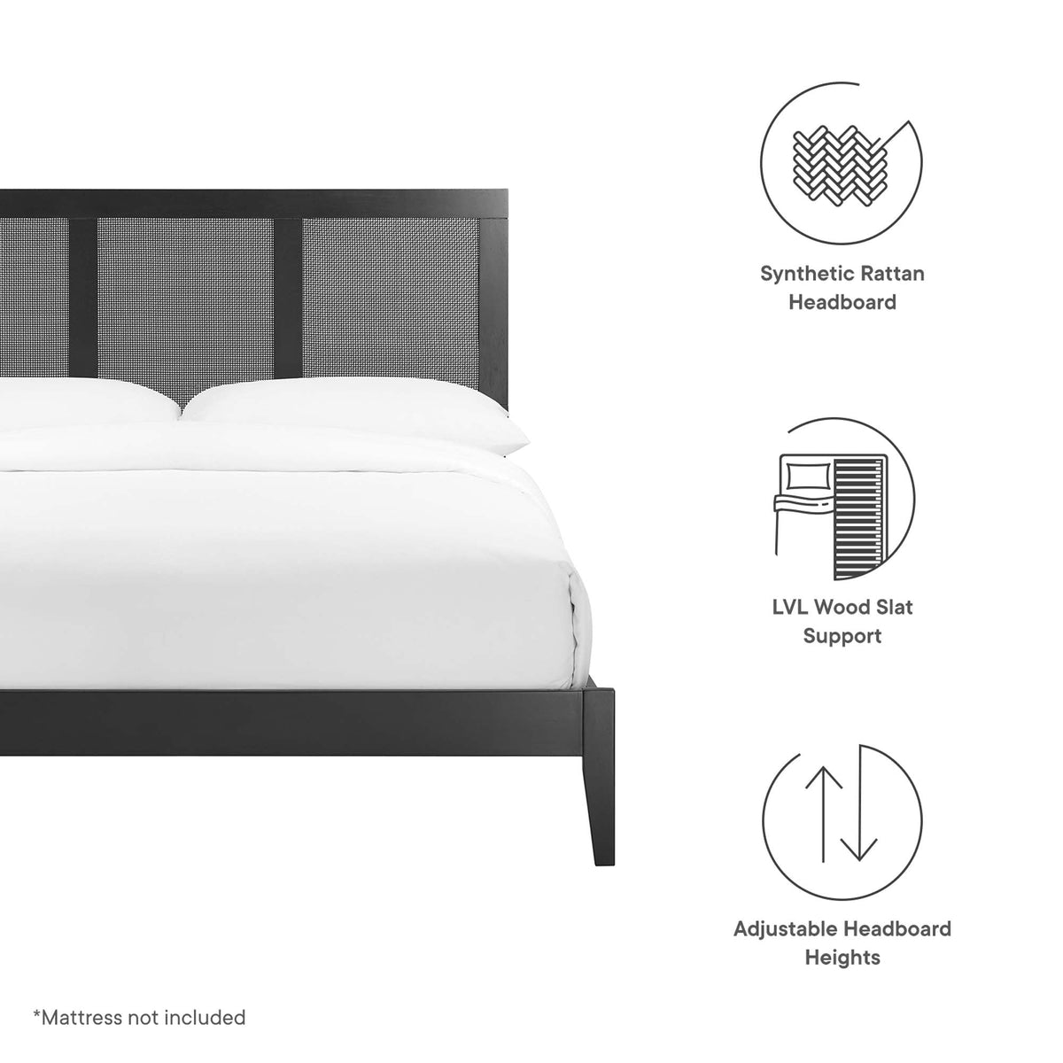 Modway Sirocco rattan and wood platform bed with black frame and woven headboard panels on Tampa Home & Garden Store