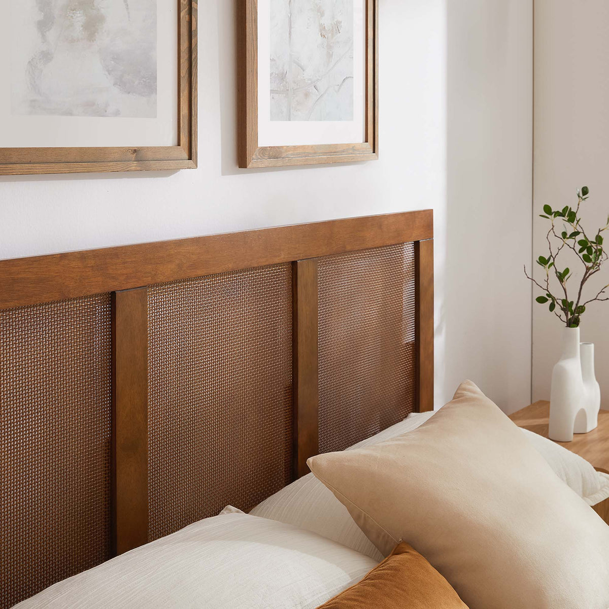 Sirocco rattan and wood platform bed by Modway with woven headboard panels and warm wood finish on Tampa Home & Garden Store