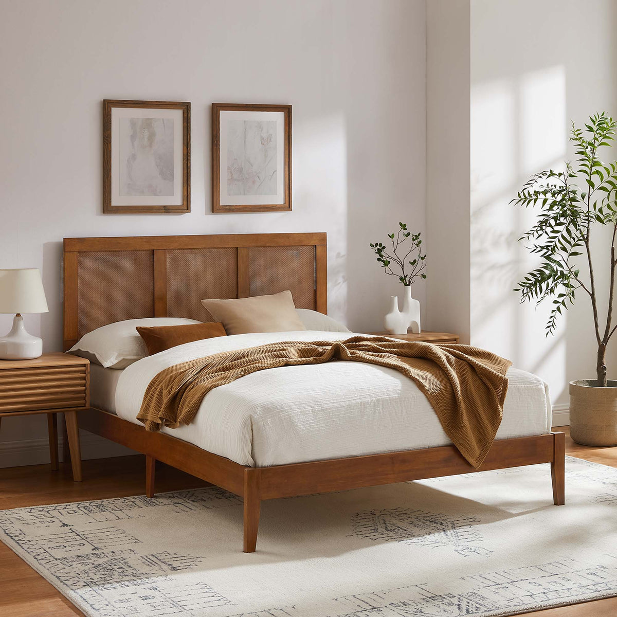 Sirocco Rattan and Wood Platform Bed by Modway with woven cane headboard, natural wood finish on Tampa Home & Garden Store