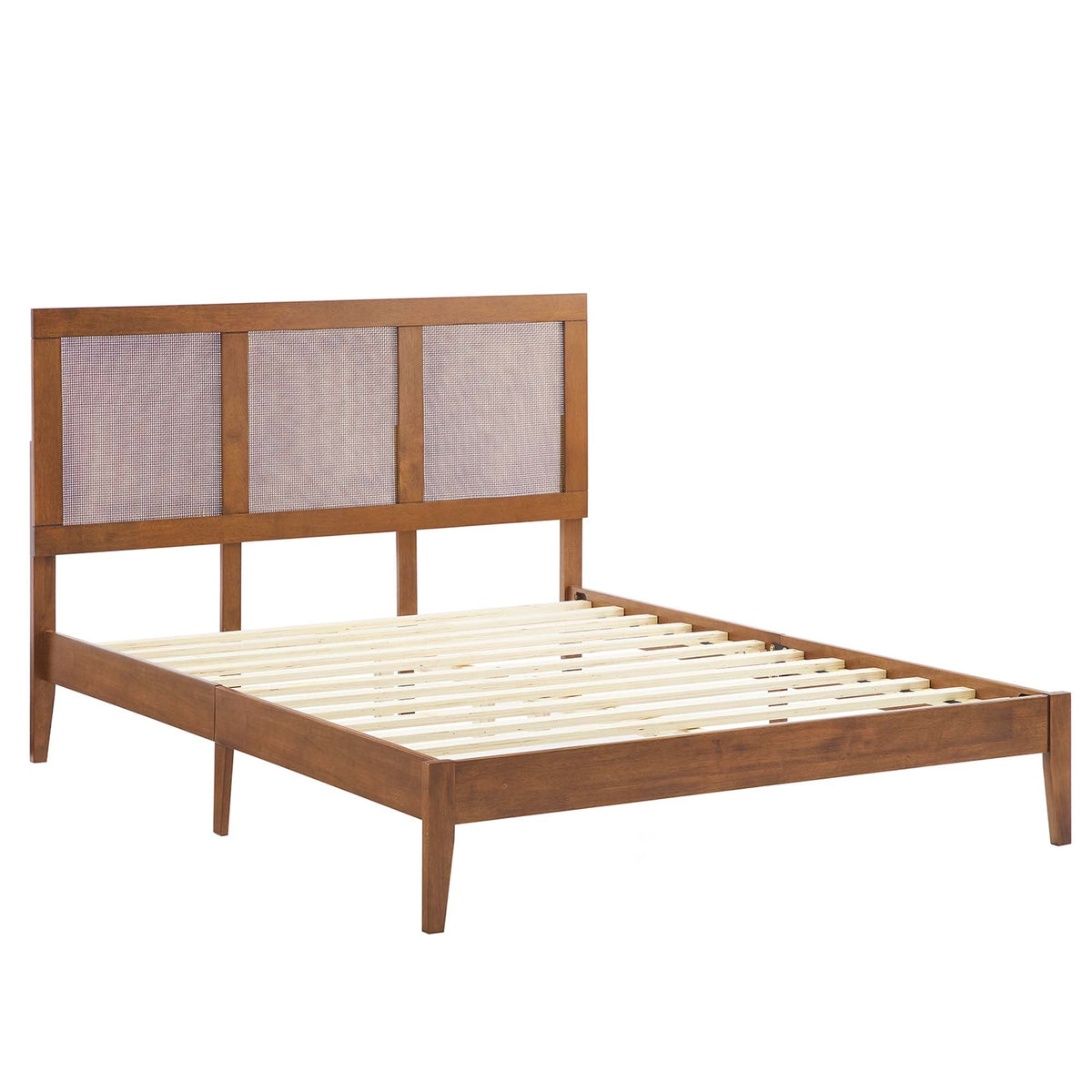 Sirocco rattan and wood platform bed with brown frame and woven headboard panels on Tampa Home & Garden Store