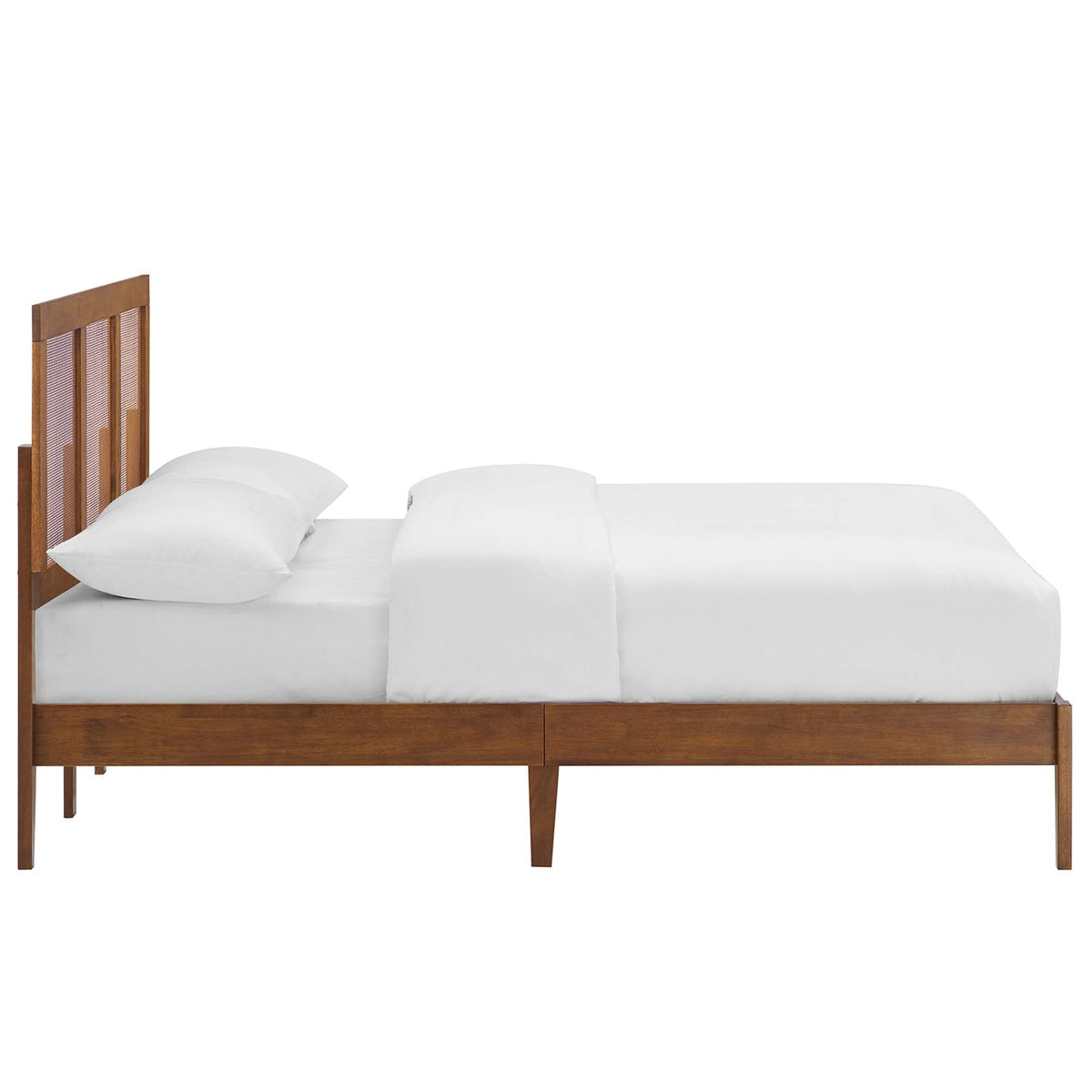 Sirocco rattan and wood platform bed with slatted headboard in brown finish, white bedding on Tampa Home & Garden Store