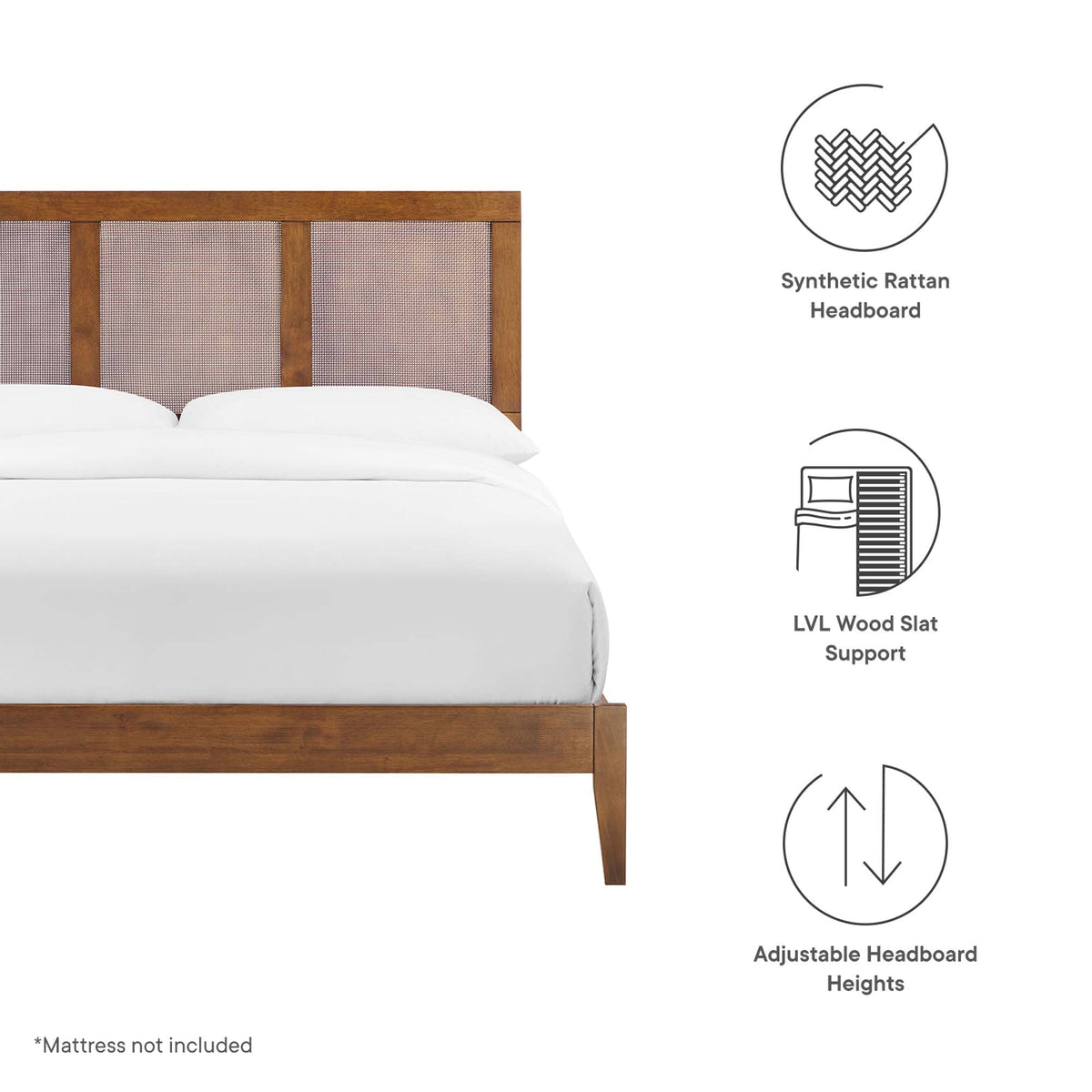 Sirocco rattan and wood platform bed with brown wood frame and woven headboard panels on Tampa Home & Garden Store