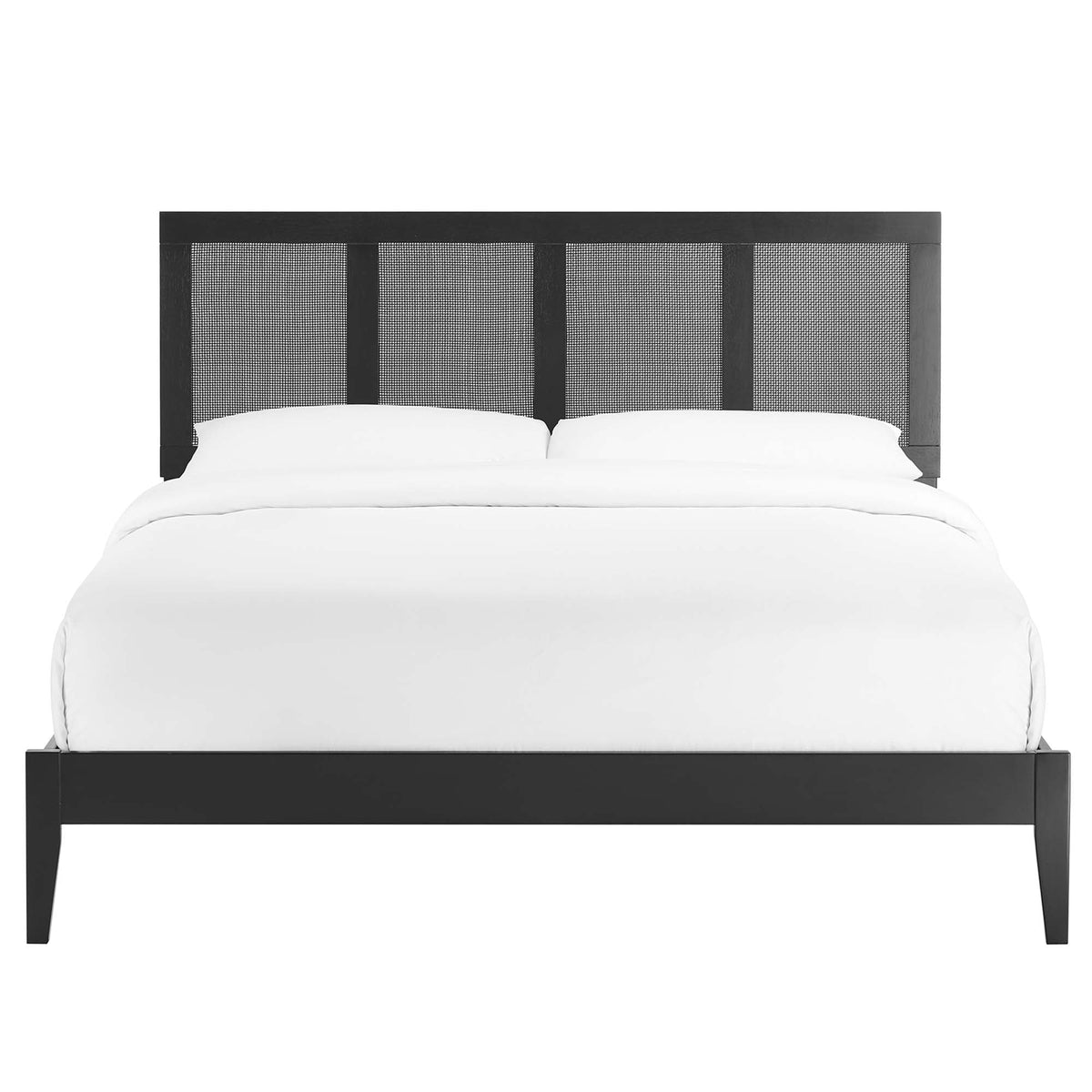 Sirocco rattan and wood platform bed with black frame and woven headboard by HouseOfZazla on Tampa Home & Garden Store
