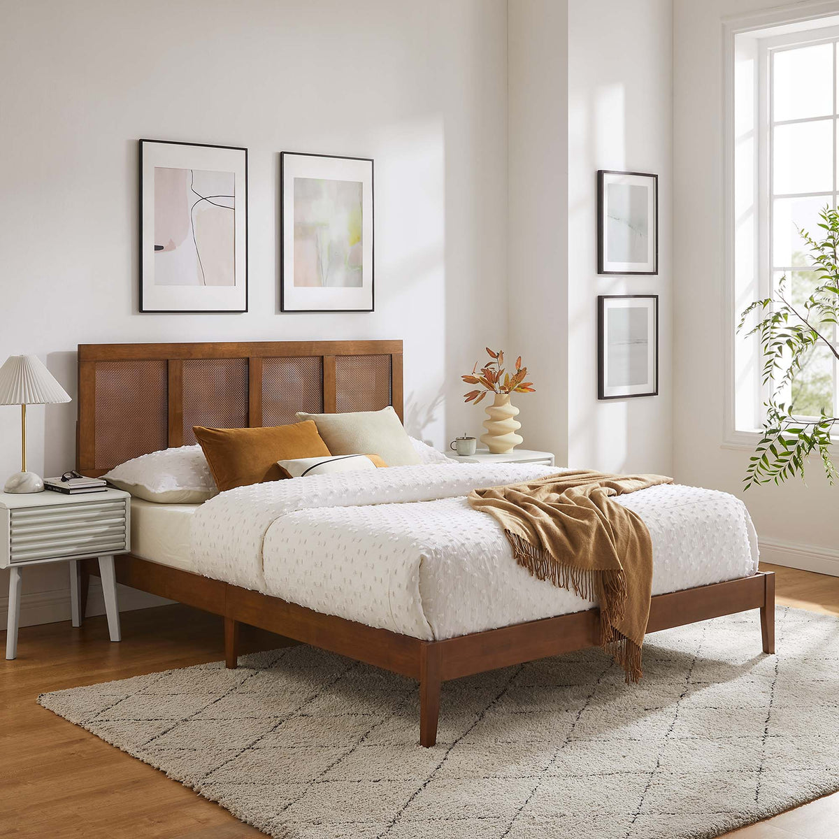 Sirocco rattan and wood platform bed by Modway with woven headboard panels on Tampa Home & Garden Store