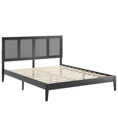 Black Modway Sirocco platform bed frame with grid headboard and natural wood slats on Tampa Home & Garden Store