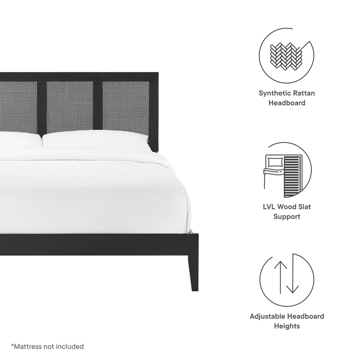 Sirocco Rattan and Wood Platform Bed with black wood frame and woven synthetic headboard on Tampa Home & Garden Store