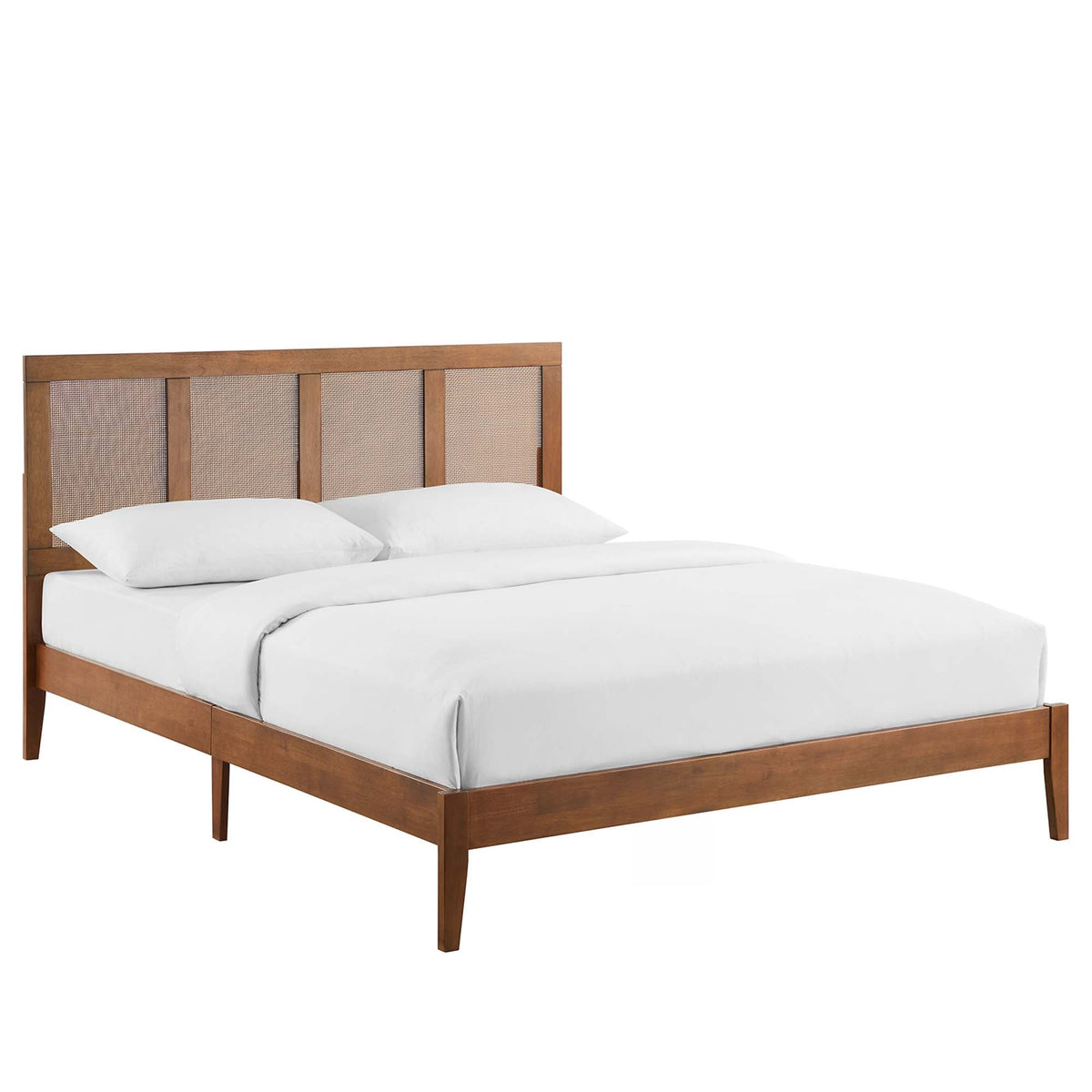 Sirocco rattan and wood platform bed headboard with woven cane panels in warm wood, white sheets on Tampa Home & Garden Store