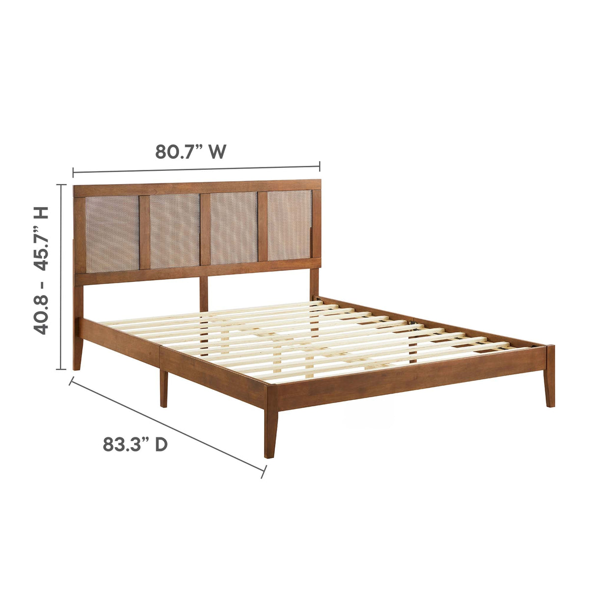 Sirocco rattan and wood platform bed frame with woven headboard panels in warm brown finish on Tampa Home & Garden Store