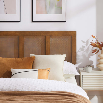 Sirocco rattan and wood platform bed with woven cane headboard and brown bedskirt on Tampa Home & Garden Store