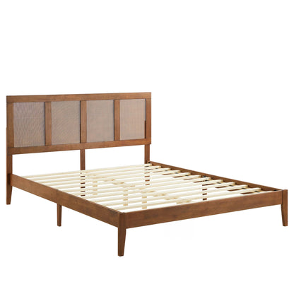 Sirocco rattan-and-wood platform bed with caned headboard panels in warm brown finish on Tampa Home & Garden Store