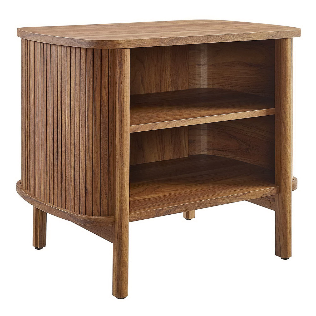Cadence Open Nightstand in warm wood finish with slatted curved sides and open shelf on Tampa Home & Garden Store
