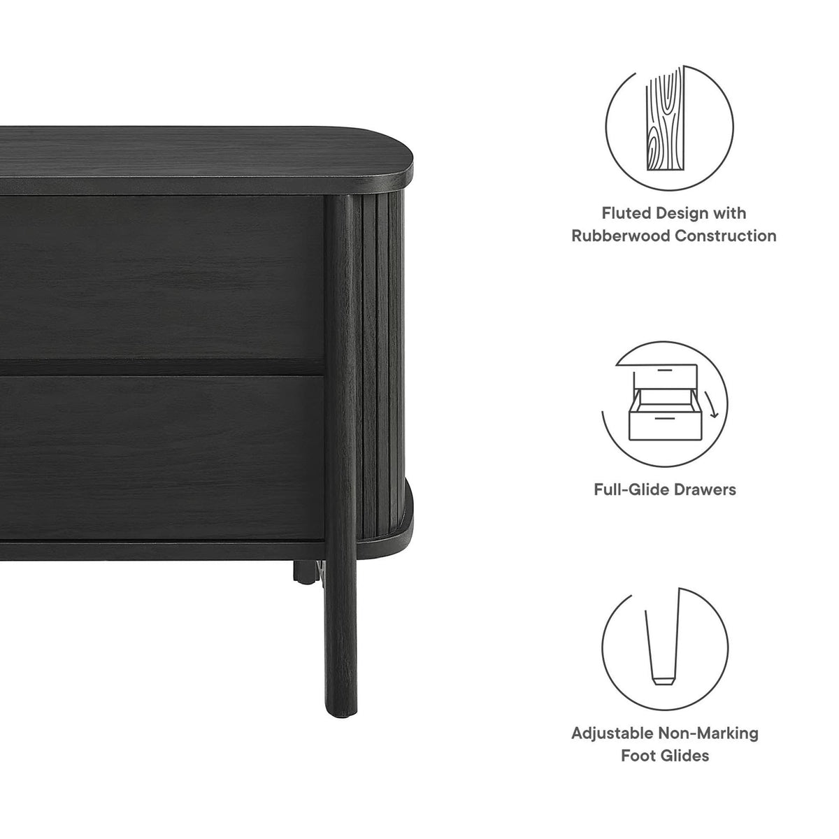 Cadence 2-Drawer Nightstand dark black finish with fluted rubberwood legs by Modway on Tampa Home & Garden Store