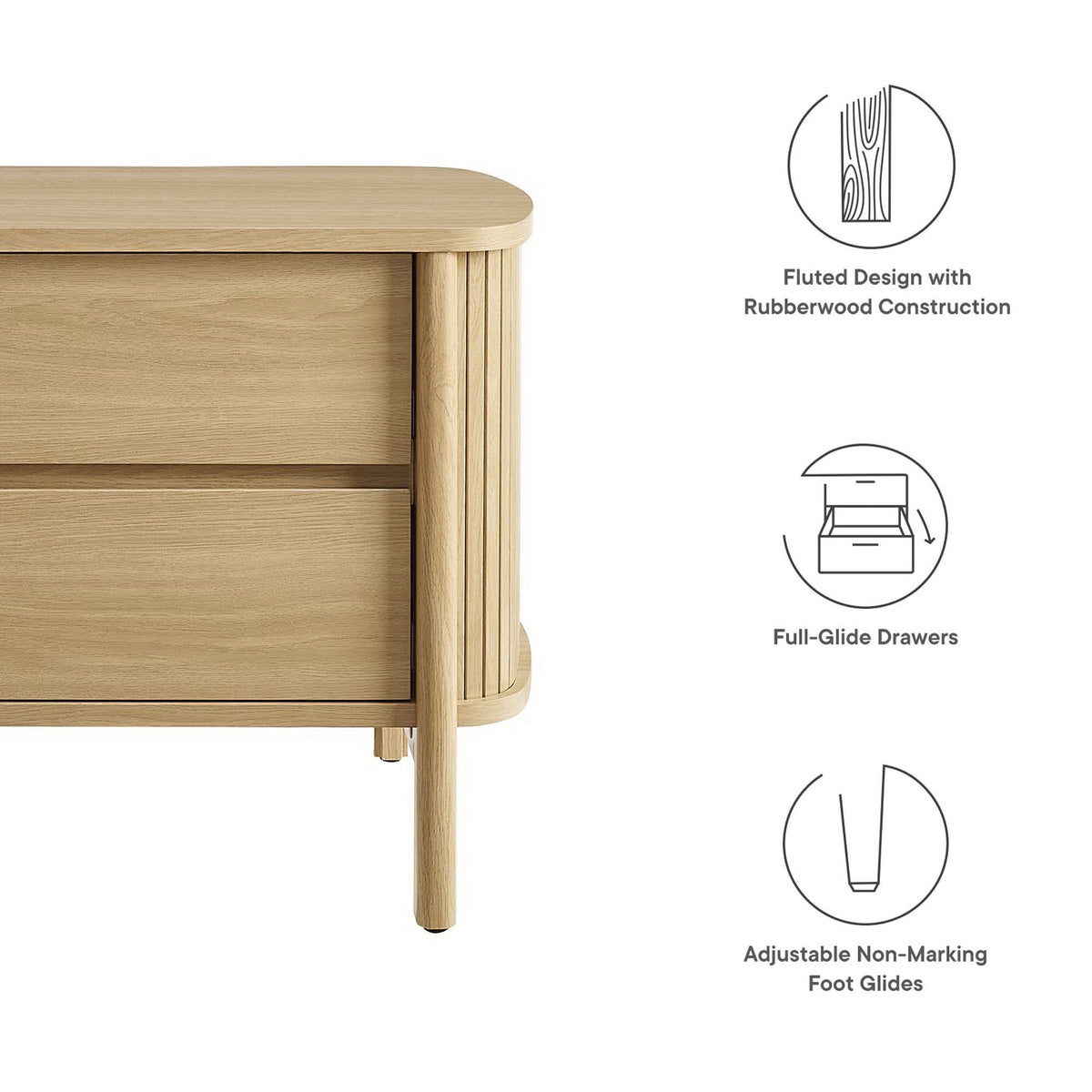 Cadence 2-Drawer Nightstand by Modway in natural rubberwood with fluted design and full-glide drawers on Tampa Home & Garden Store