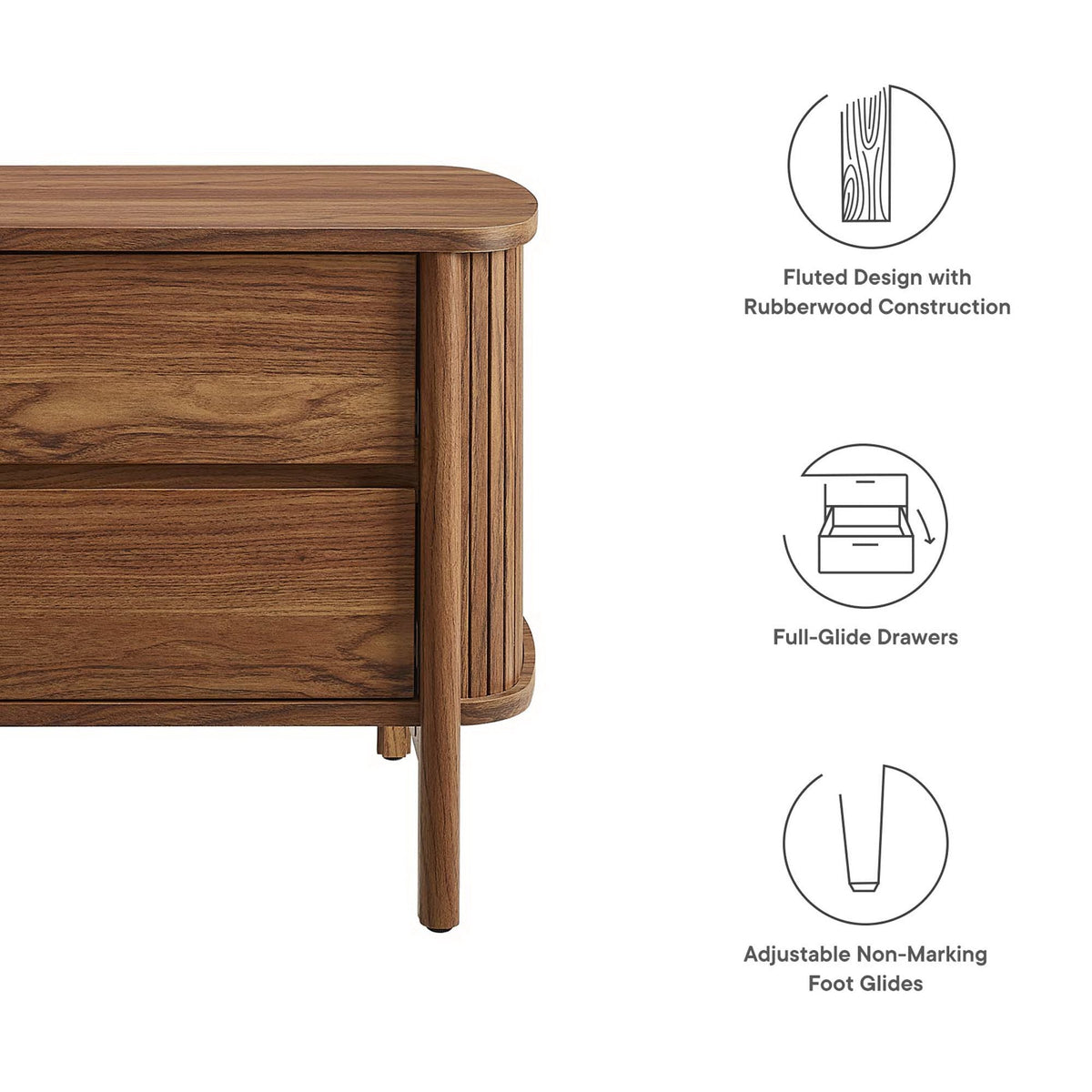 Cadence 2-Drawer Nightstand by Modway in walnut wood with fluted rubberwood construction on Tampa Home & Garden Store